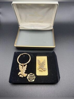 Vtg Eagle Keychain Money Clip Box Set Gold Tone Diamond Dust Patriotic American